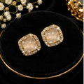Champagne Square Stud Earrings with Gold-Tone Frames and Sparkling Halo Borders