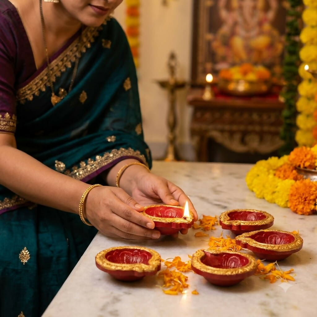 A person in a green sari lighting one of five red and gold diyas on a white table, with scattered flower petals.