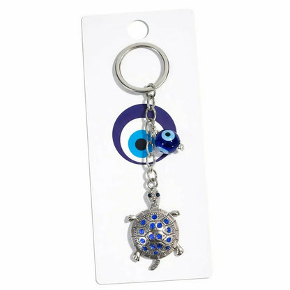 Turtle Keychain with Evil Eye Charm Metal Pendant