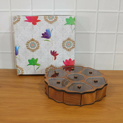 Decorative wooden dry fruit storage box showcasing premium finish and floral shape