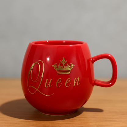 Luxury Red Ceramic "Queen" Mug with Glossy Finish – Elegant Round Coffee Cup for Women, Gift Mug for Her, Tea & Coffee Mug with Handle, Premium Decorative Drinkware for Home & Office