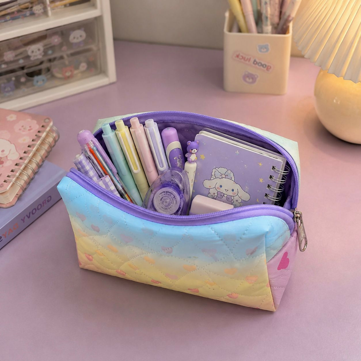 Colorful pastel pouch displaying holographic finish and zipper closure