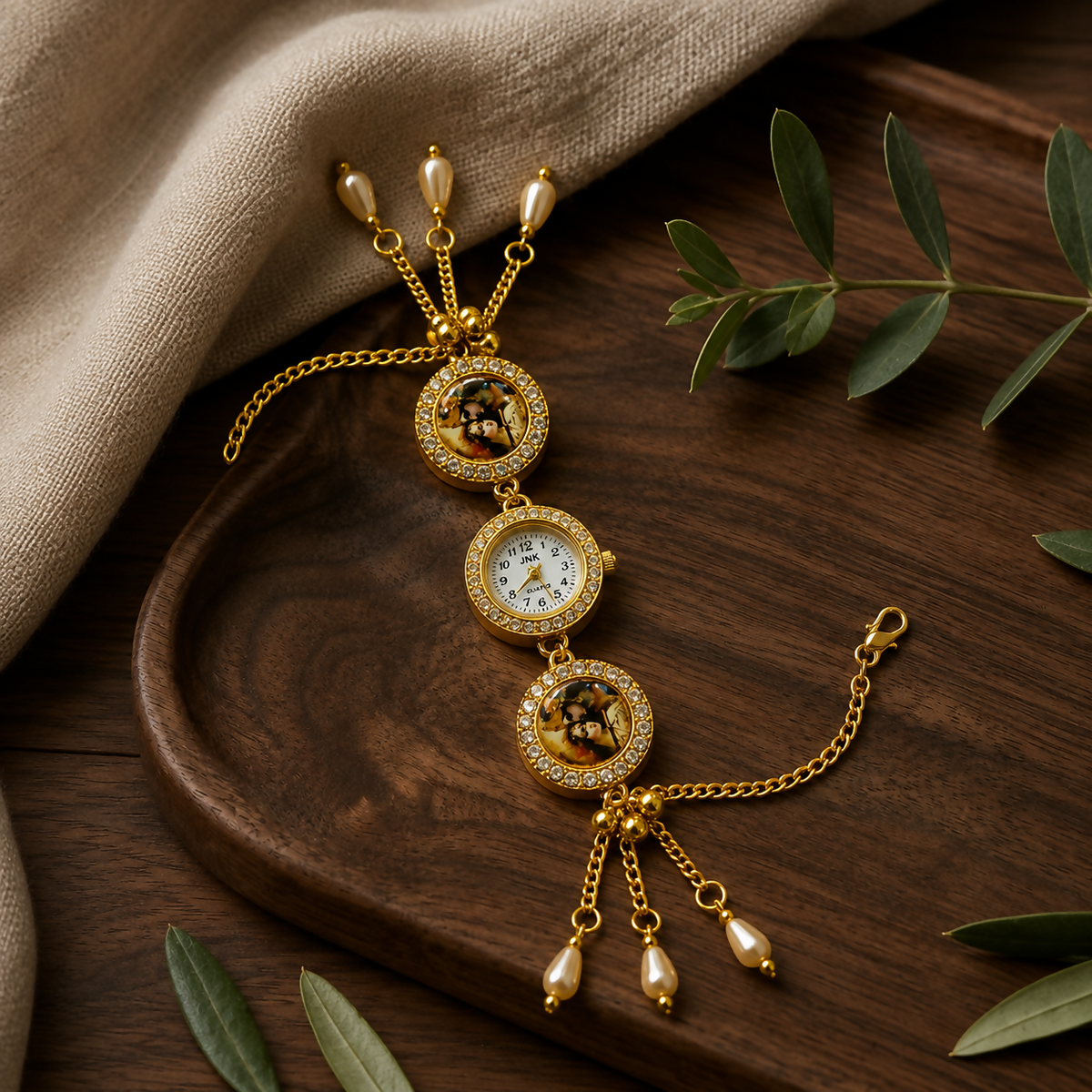 A gold-tone bracelet watch with pearl charms and two round religious image pendants, on a wooden tray with green leaves.