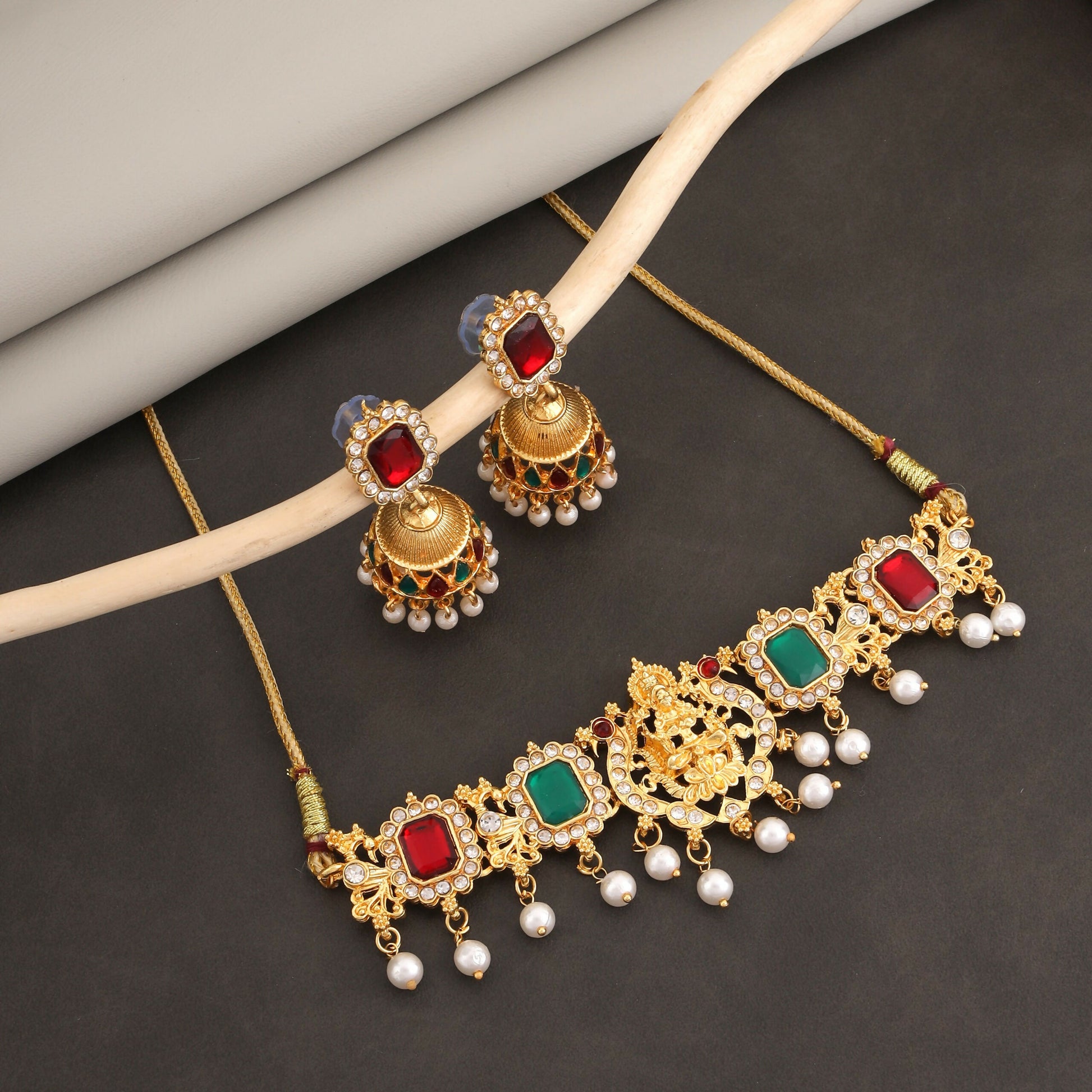 traditional Gold-Plated Lakshmi Temple Choker Set with Jhumkas