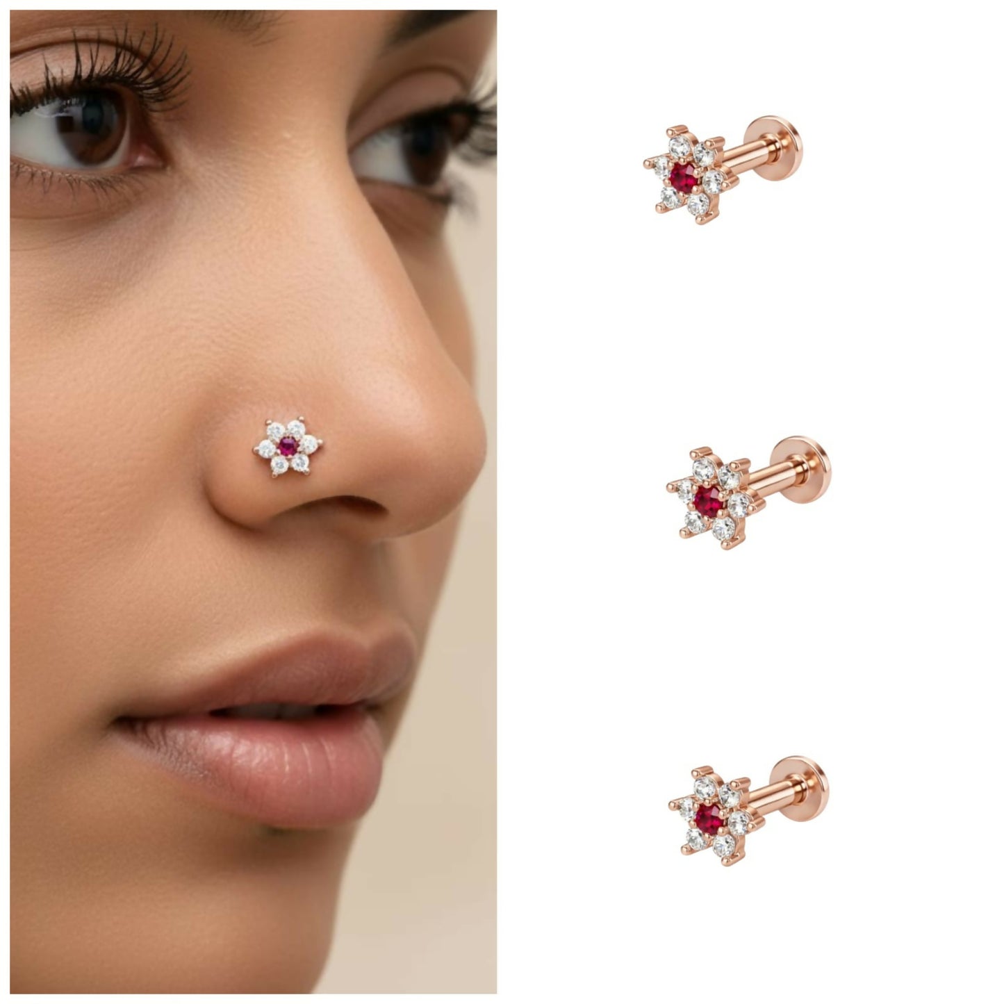 Rose Gold Plated Flower AD Nosepin Stud for women and girls Combo Pack of 3
