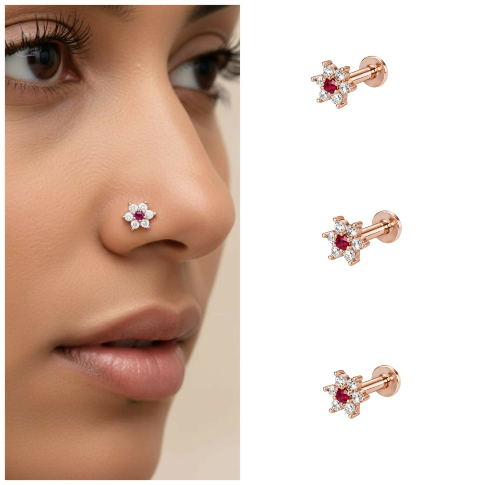 Rose Gold Plated Flower AD Nosepin Stud for women and girls Combo Pack of 3
