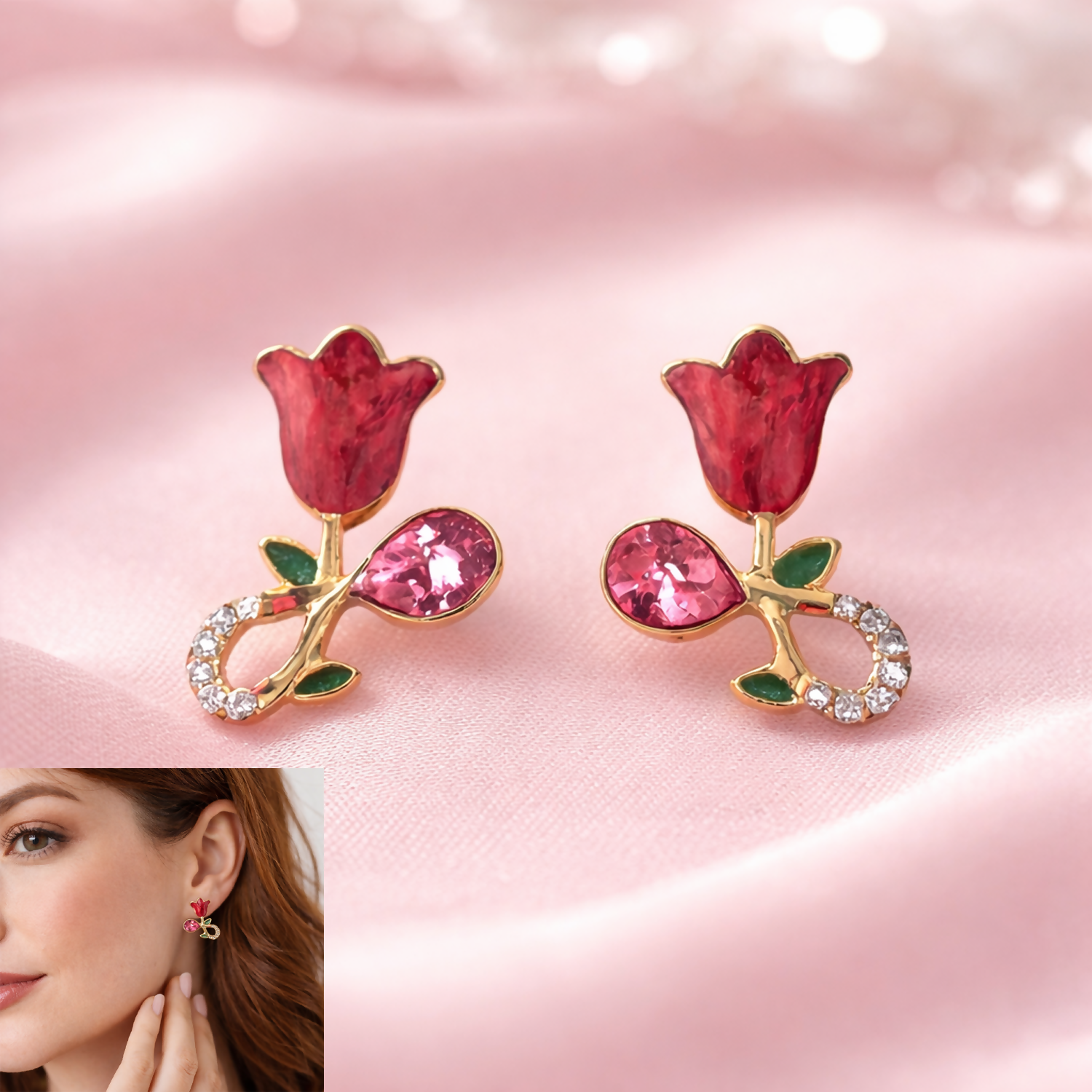 Close-up of a single gold plated rose floral crystal stud earring