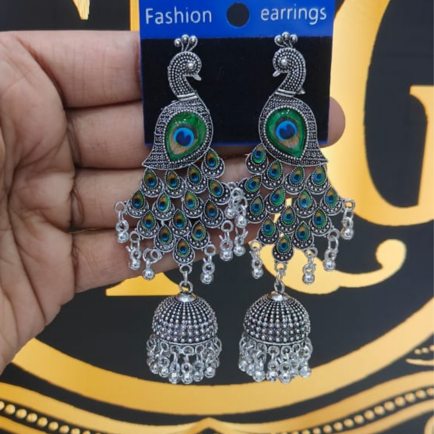 Traditional Silver Oxidized Peacock Jhumka Earrings