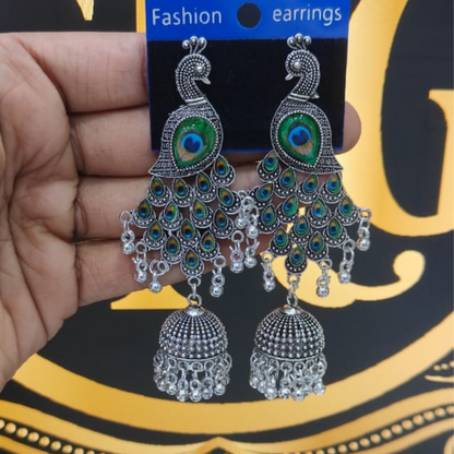 Traditional Silver Oxidized Peacock Jhumka Earrings