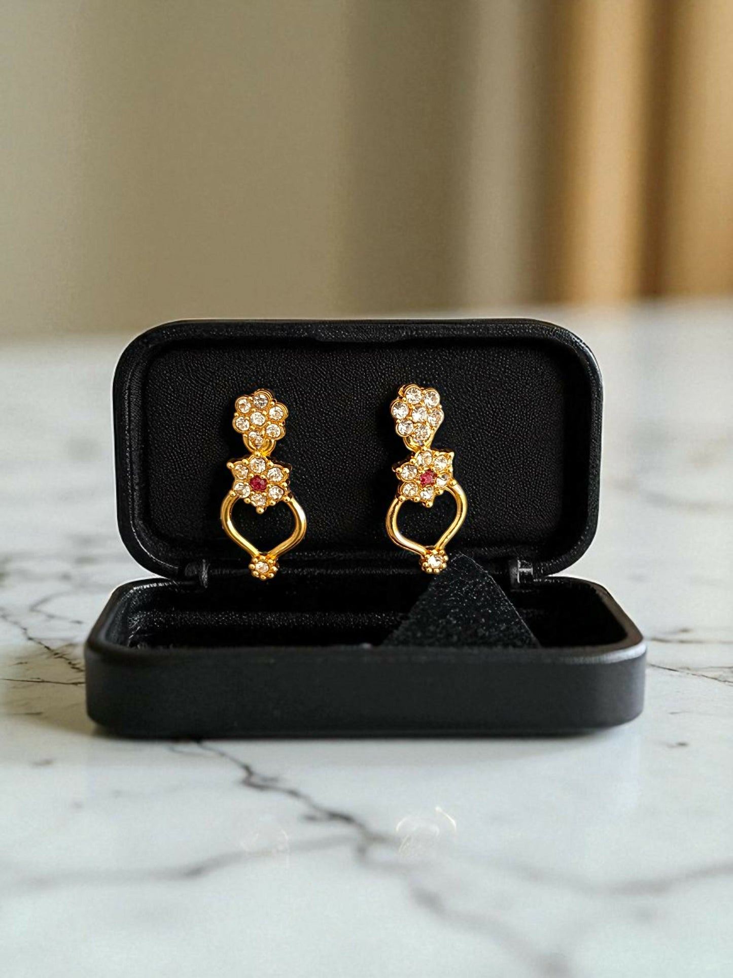 Elegant Gold-Plated Floral Necklace & Earrings Set with Pink Stone Accents