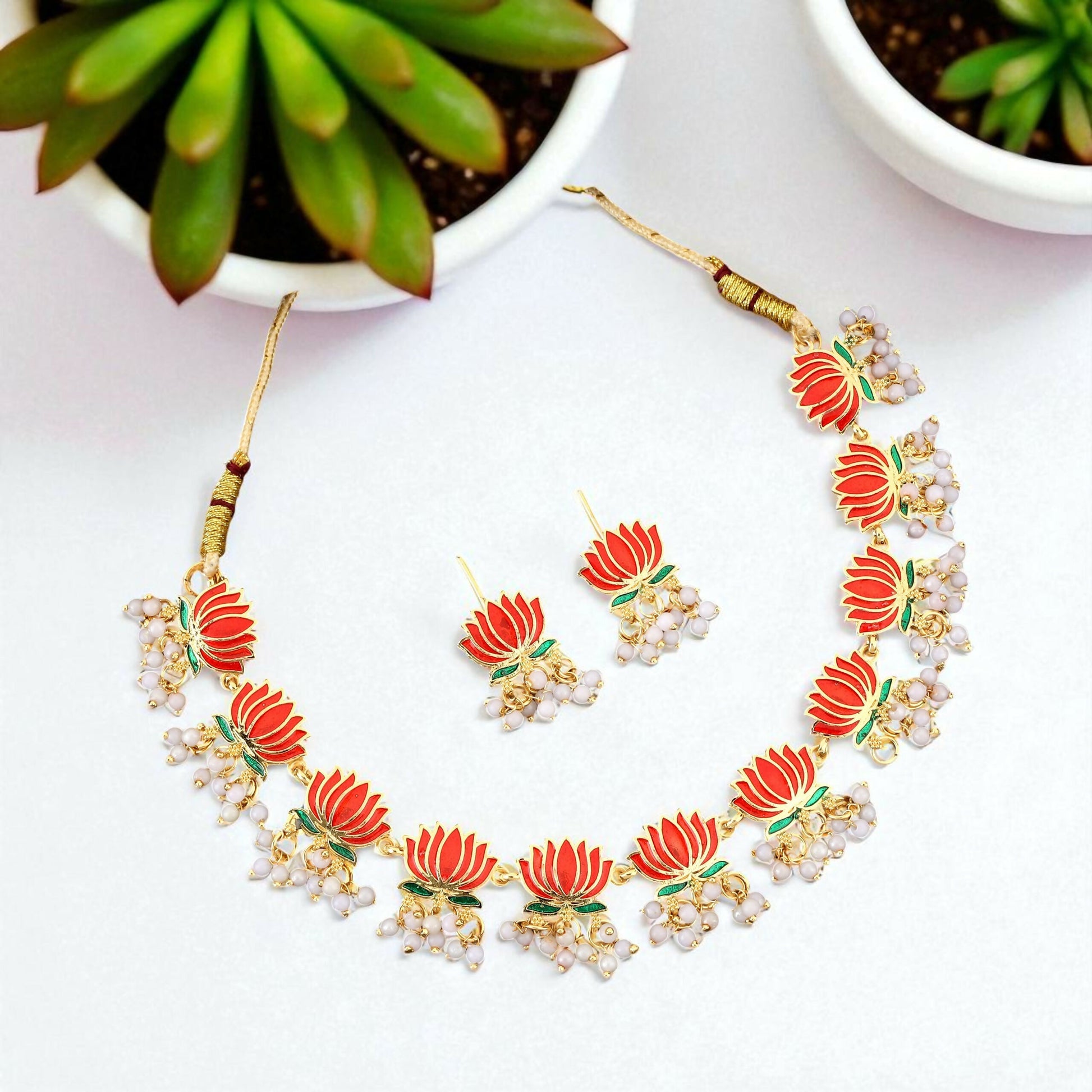 Gold Necklace with Green Red Lotus & White Beads Pendant for Women Stylish Jewelry