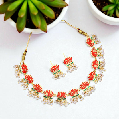 Gold Necklace with Green Red Lotus & White Beads Pendant for Women Stylish Jewelry