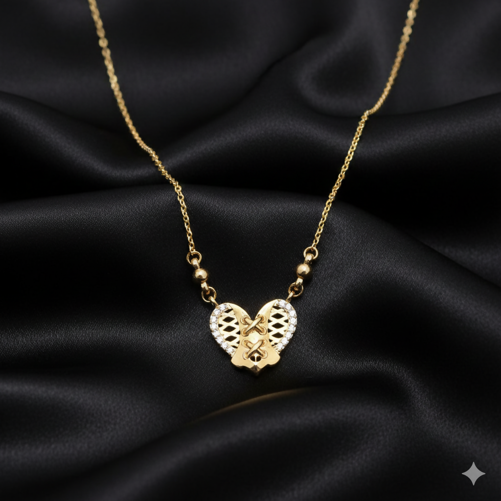Gold heart pendant necklace with diamond accents close-up view