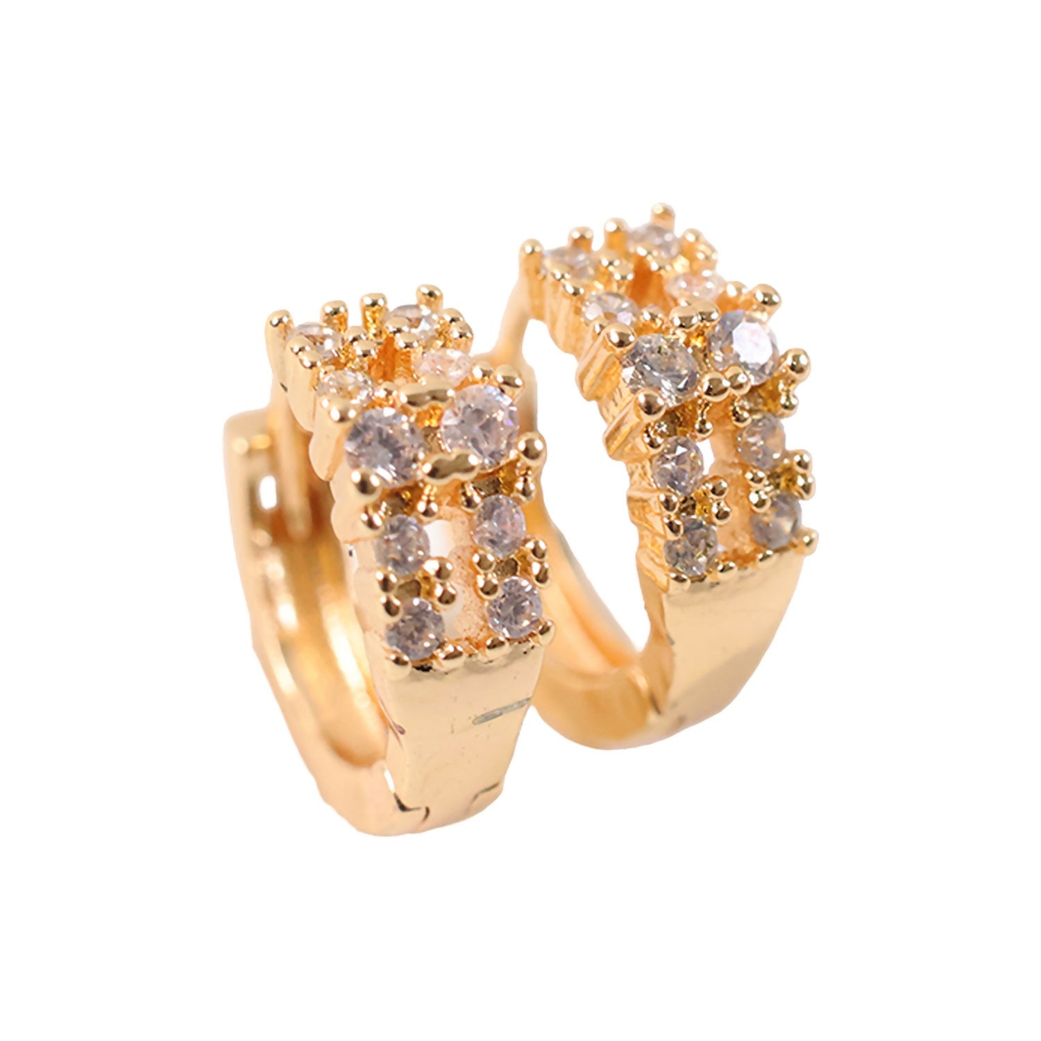 Sparkling crystal-studded gold-tone hoop earrings displayed elegantly