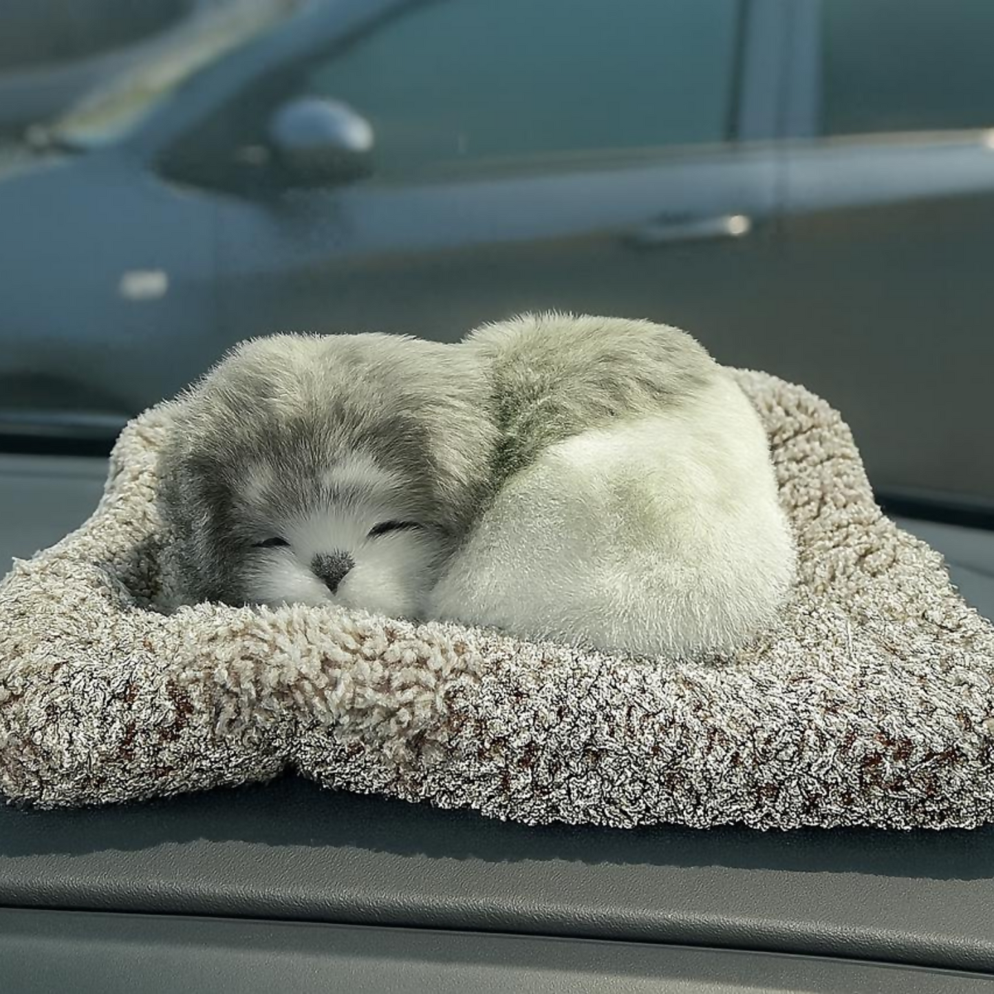Premium Grey & White Sleeping Puppy Dashboard Toy