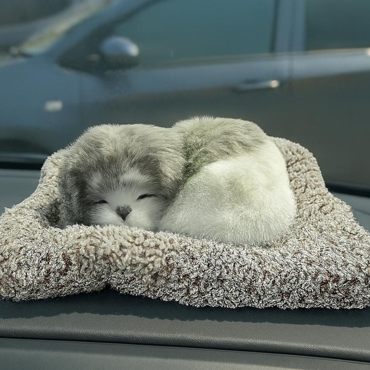 Premium Grey & White Sleeping Puppy Dashboard Toy