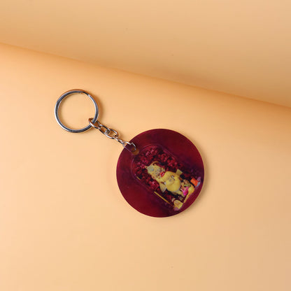 Devotional Hanuman Mandir Printed Round Keychain – Rich Maroon Finish & Durable Metal Ring