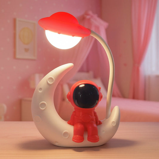 Red Astronaut Moon LED Night Lamp with Touch Control, USB Rechargeable
