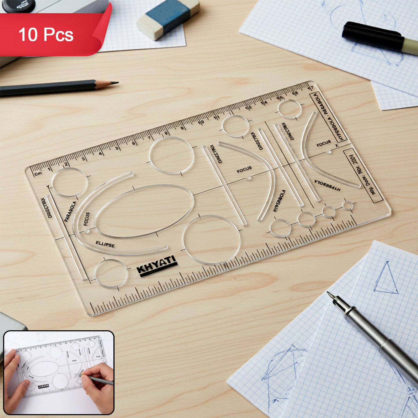 Mathematical Drawing Template Ruler Set with Ellipse Parabola Hyperbola Shapes (10Pcs)