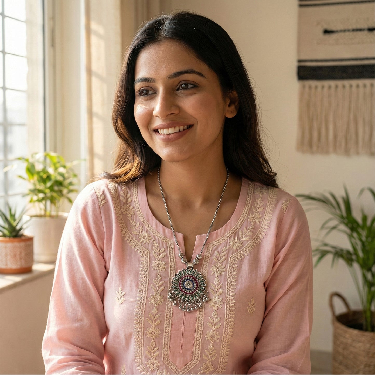 Antique Silver-Tone Oxidized Floral Mandala Pendant Necklace (1 Pc)