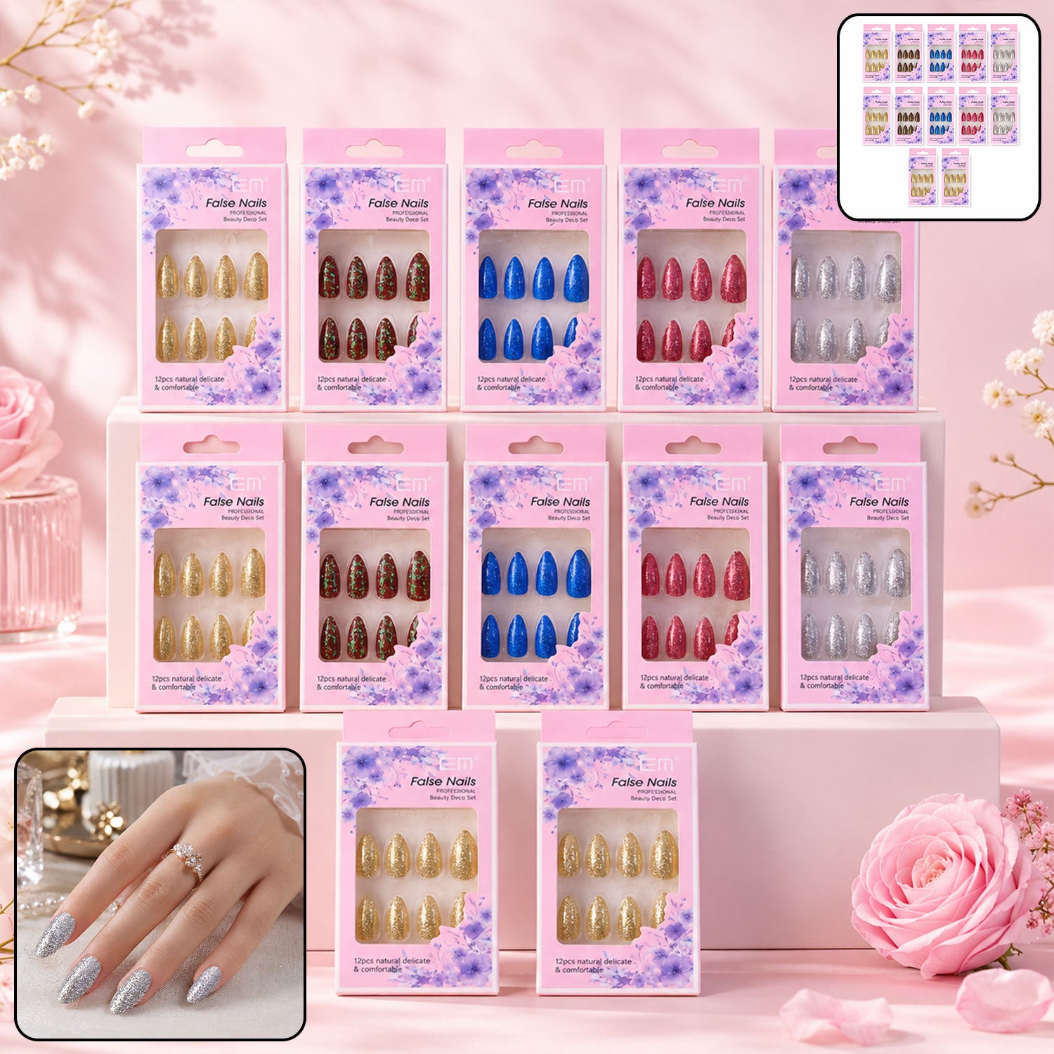 Glitter Press-On False Nails fake nails - (1 Pc / Mix Color & Design)