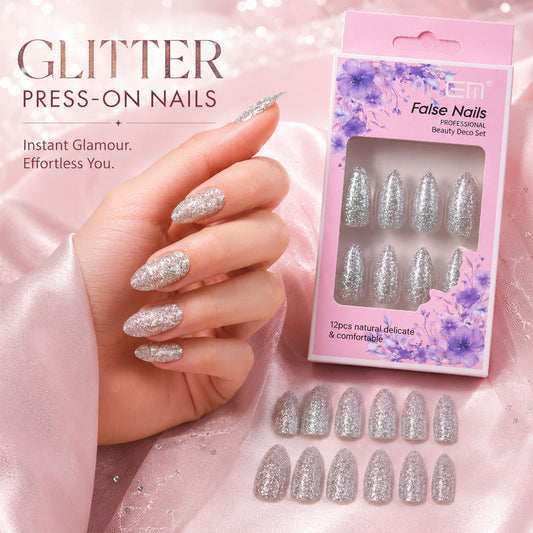Glitter press-on false nails set with mixed colors and designs