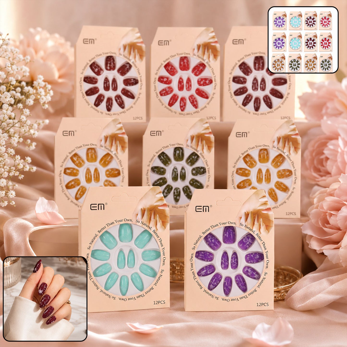 Premium Long Coffin Press-On False Nail with 3D Embellishments (1 Pc)