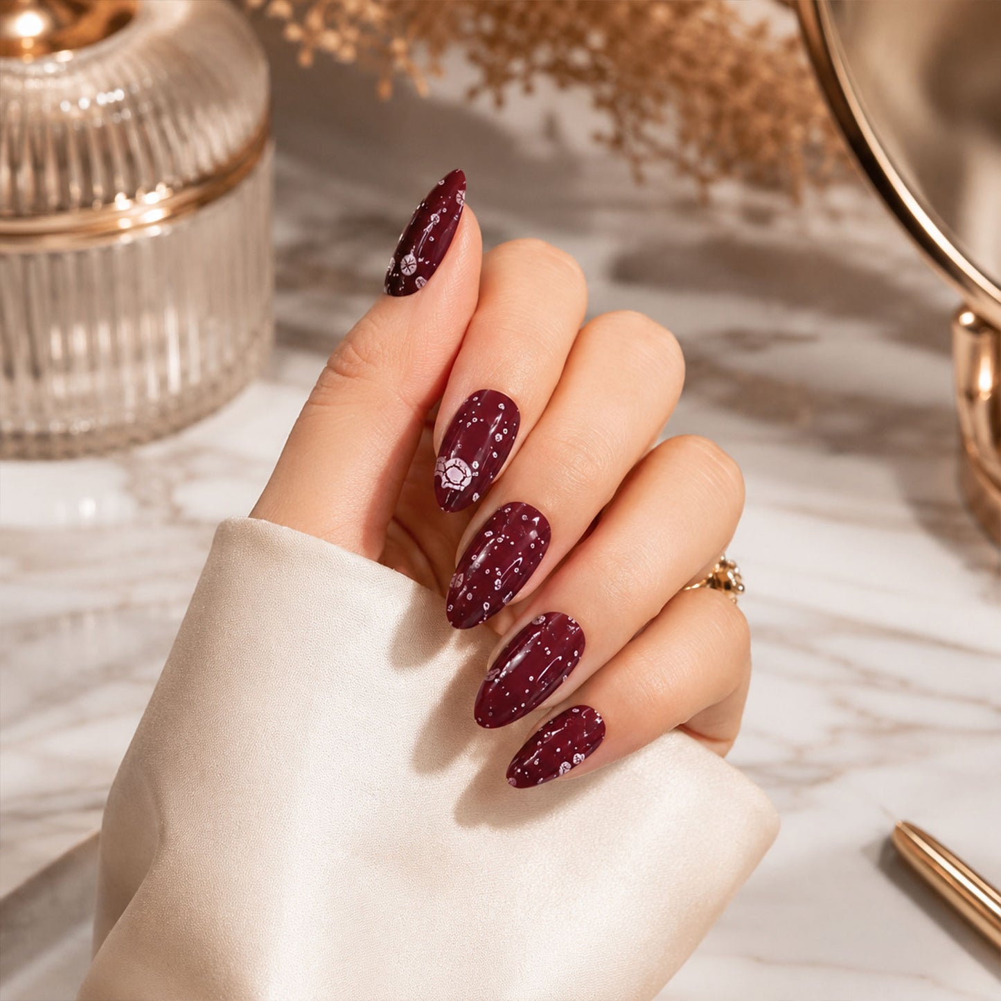 Premium Long Coffin Press-On False Nail with 3D Embellishments (1 Pc)