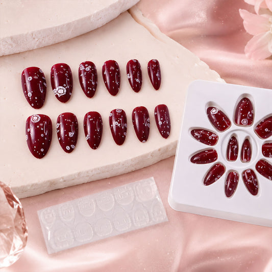 Premium Long Coffin Press-On False Nail with 3D Embellishments (1 Pc)