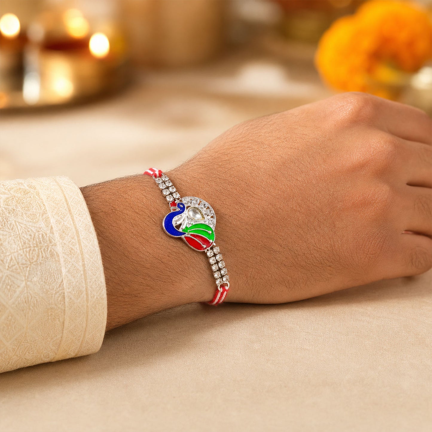 Silver-Toned Peacock Rakhi with Multicolor Enamel, Kundan-Style Stone & Double Crystal Chain