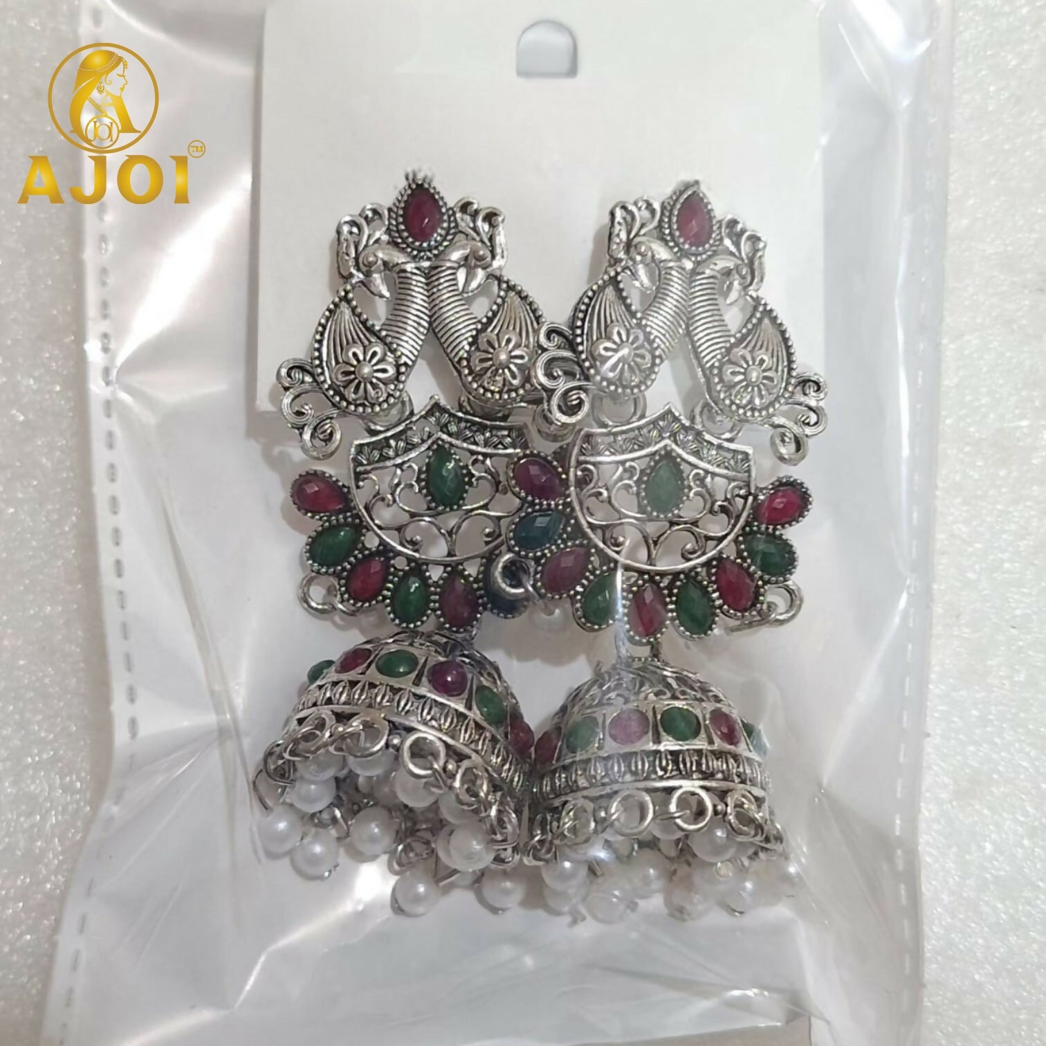 Oxidized Silver Peacock Jhumka Earrings with Ruby Green Stones & Pearls