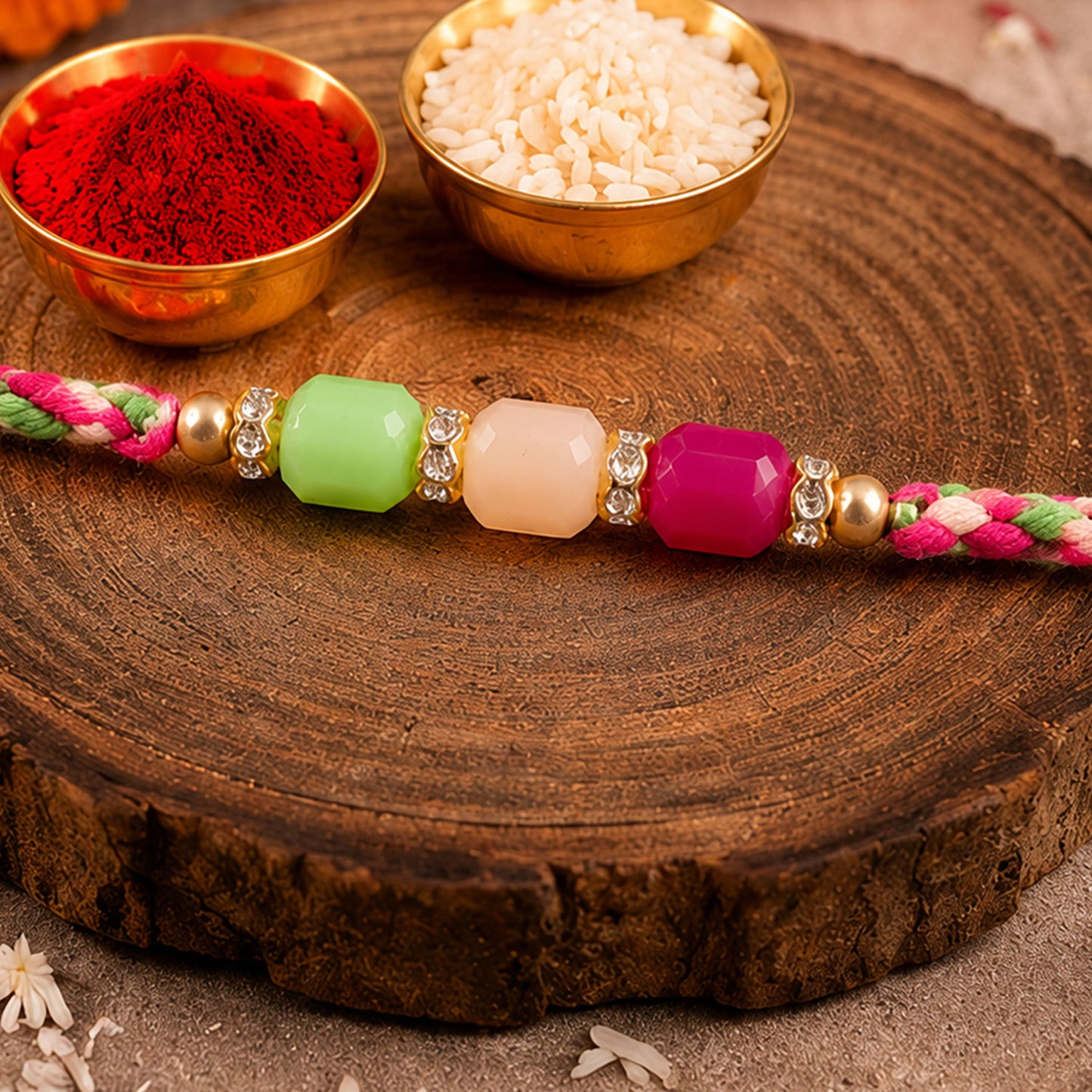 Bright Macrame Bracelet Rakhi with Green Peach Pink Beads and Colorful Thread