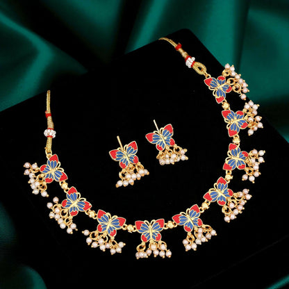 Vibrant Red & Blue Enamel Butterfly Choker Set with Pearl Drops