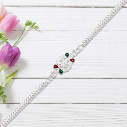 Silver Chain Rakhi for Brothers Floral Enamel Design (10pcs)