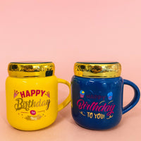PACK OF 1 Happy Birthday Printed Ceramic Mug with Golden Lid | Premium Gift Mug for Men & Women | Designer Birthday Cup with Colorful Print | Stylish Tea & Coffee Mug for Gifting | Perfect Birthday Return Gift, Office Gift & Celebration Gift