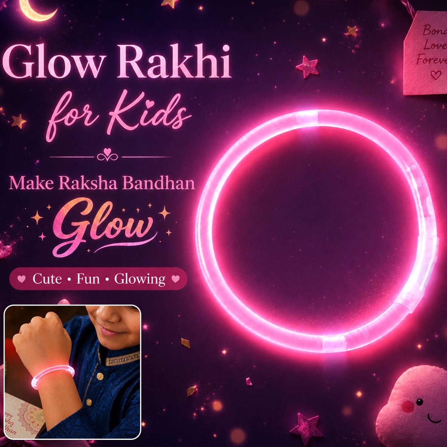 Pink Neon Glow Band Rakhi with Choco Magic, Pack of 3