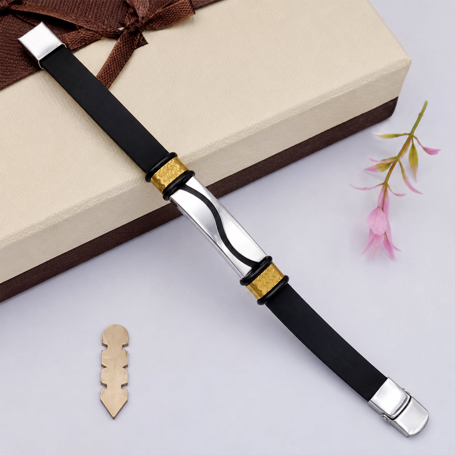 Curved Bracelet Rakhi with Black Braided Band and Silver Plate for Raksha Bandhan