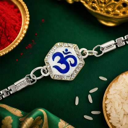 Om Charm Crystal Studded Enamel Silver Chain Designer Rakhi