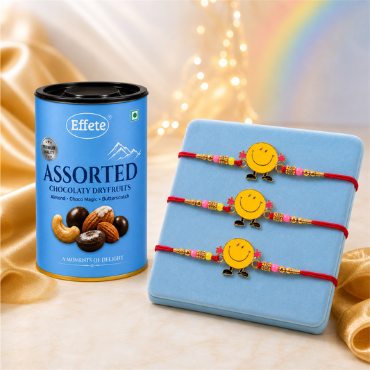 Smiley Face Rakhi Set with Assorted Dryfruits, Pack of 3