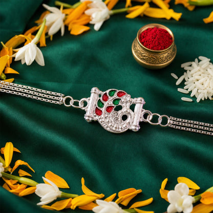 Silver Mor Peacock Meenakari Enamel Crystal Chain Rakhi (5pcs)