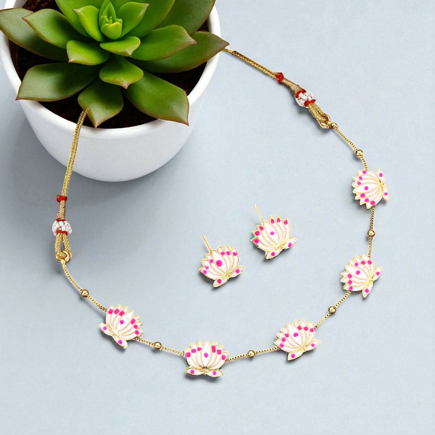 Delicate Lotus Design Necklace Set with Pink and White Enamel