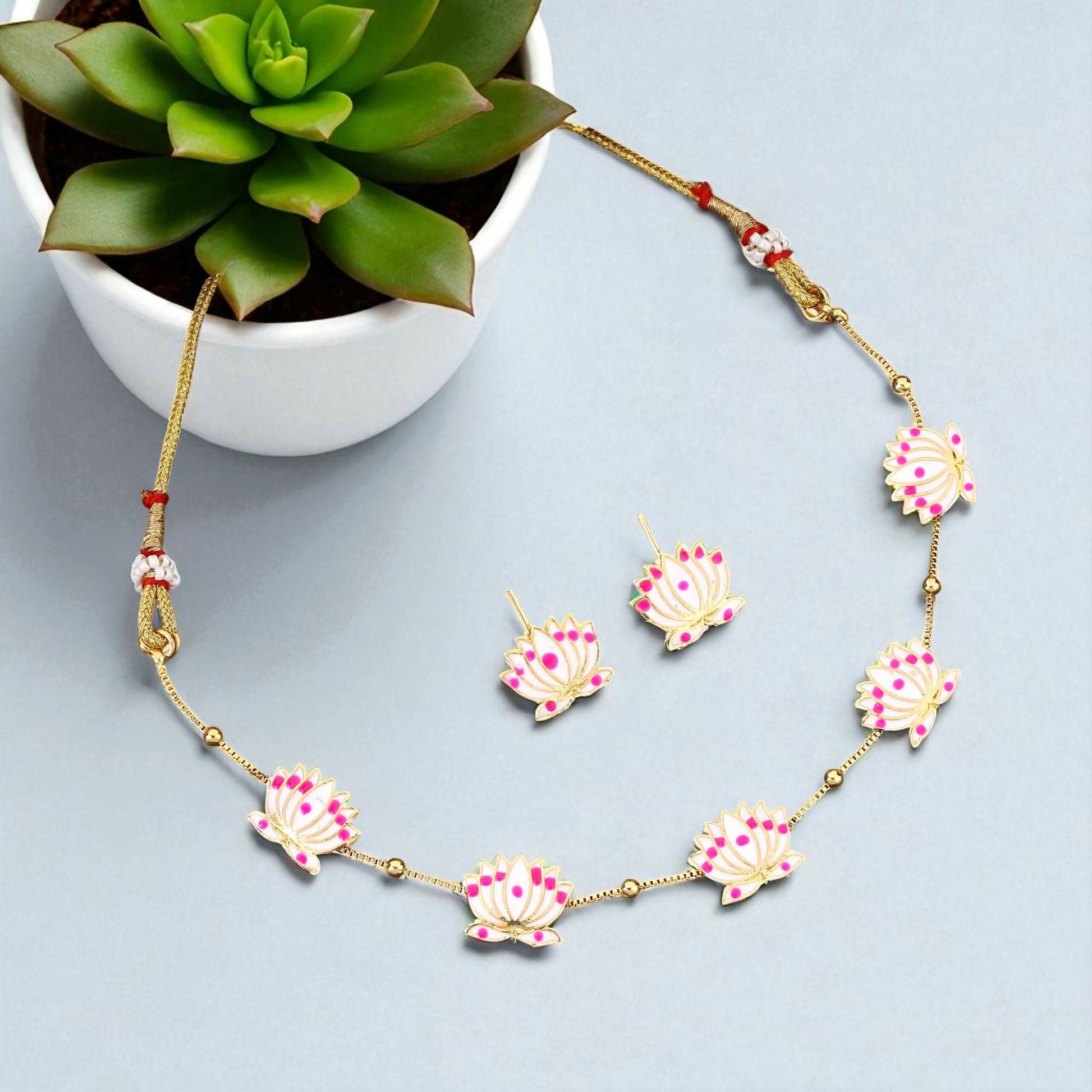 Delicate Lotus Design Necklace Set with Pink and White Enamel
