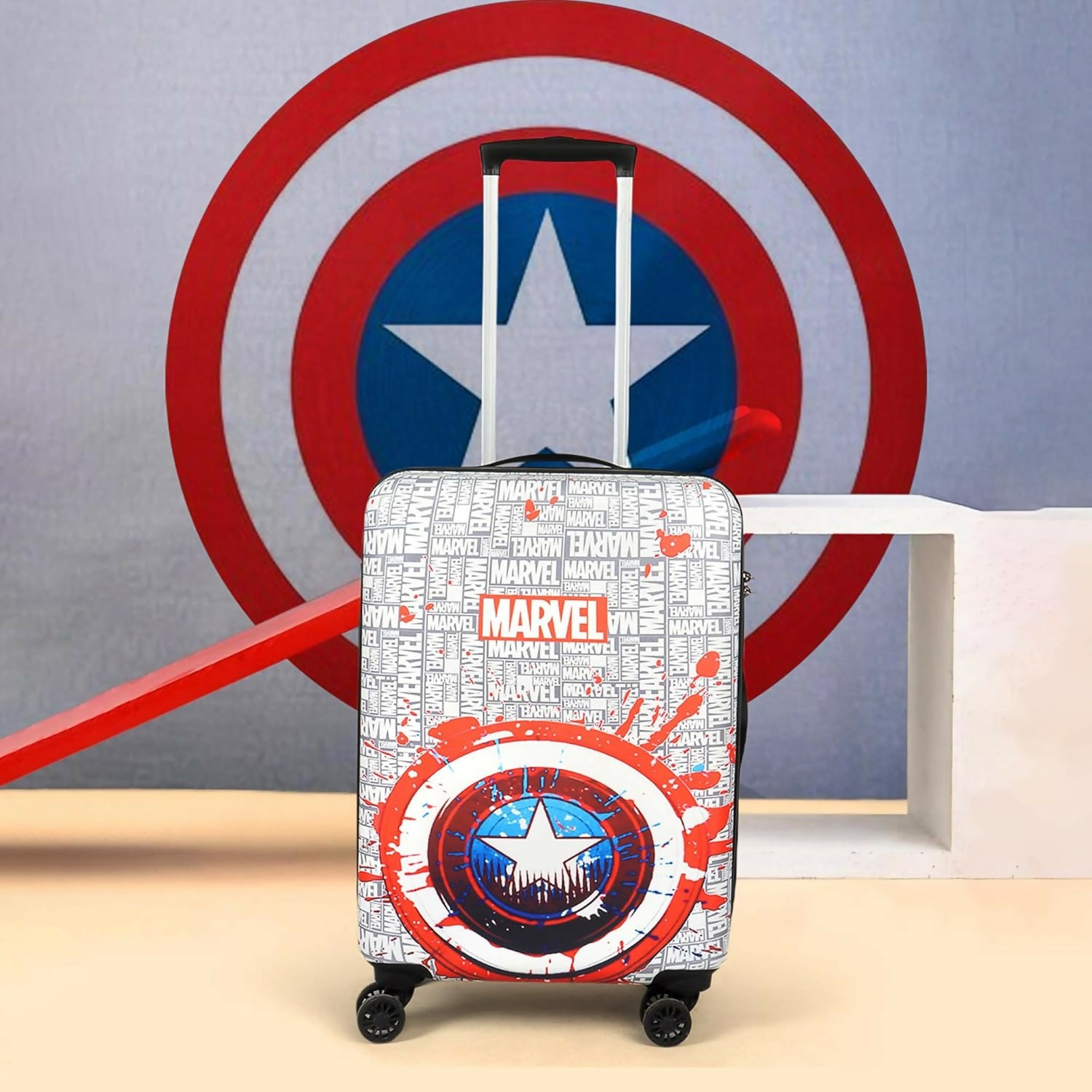 Novex Marvel Captain America Kids Trolley Polycarbonate Bag for Boys Travel Luggage with 4 Spinner Wheel (White-Red/18 Inch)