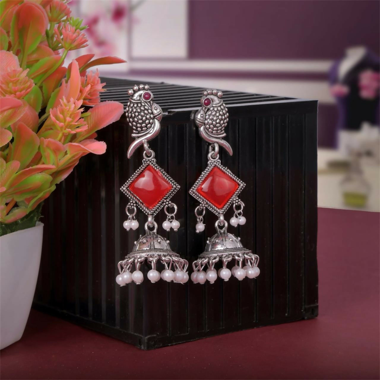 Oxidised Silver Red Stone Parrot Design Jhumka Earrings for Women & Girls