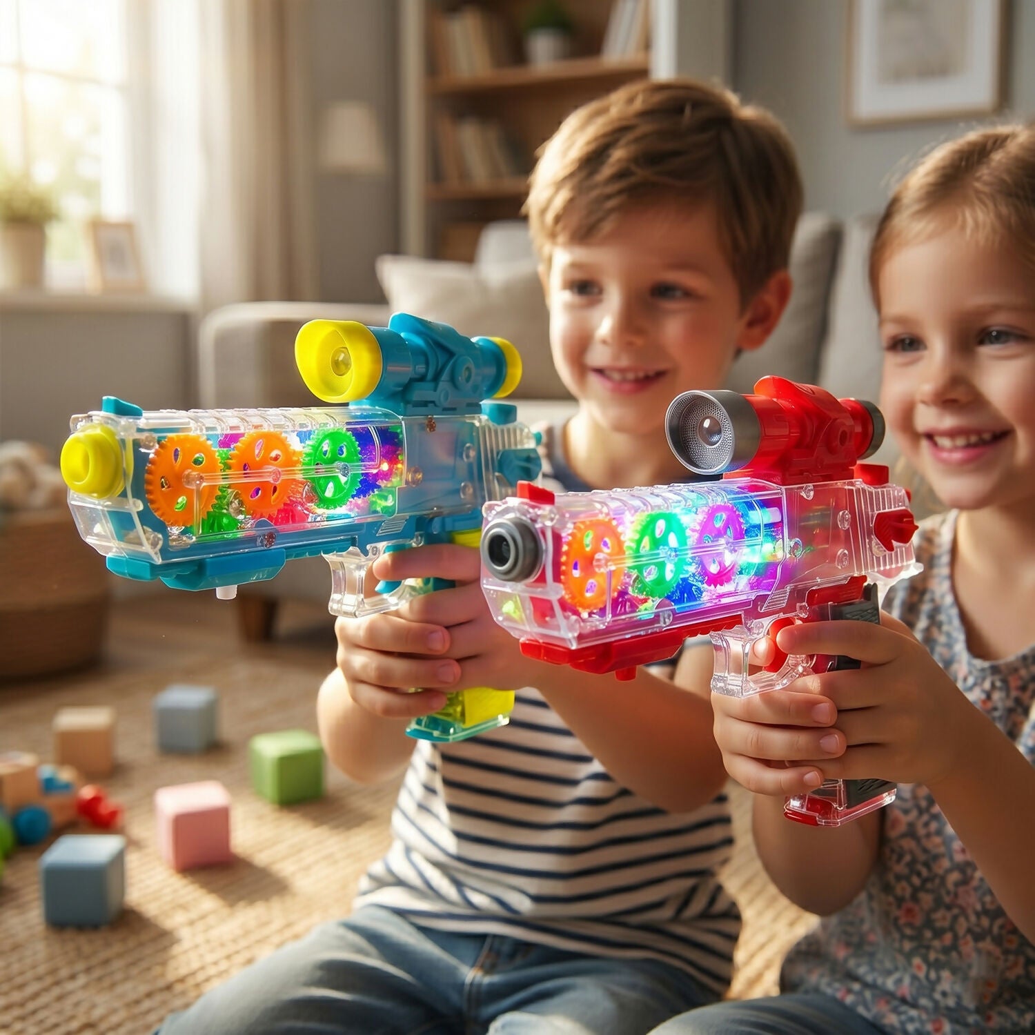 Gear toy gun producing sound effects for engaging play