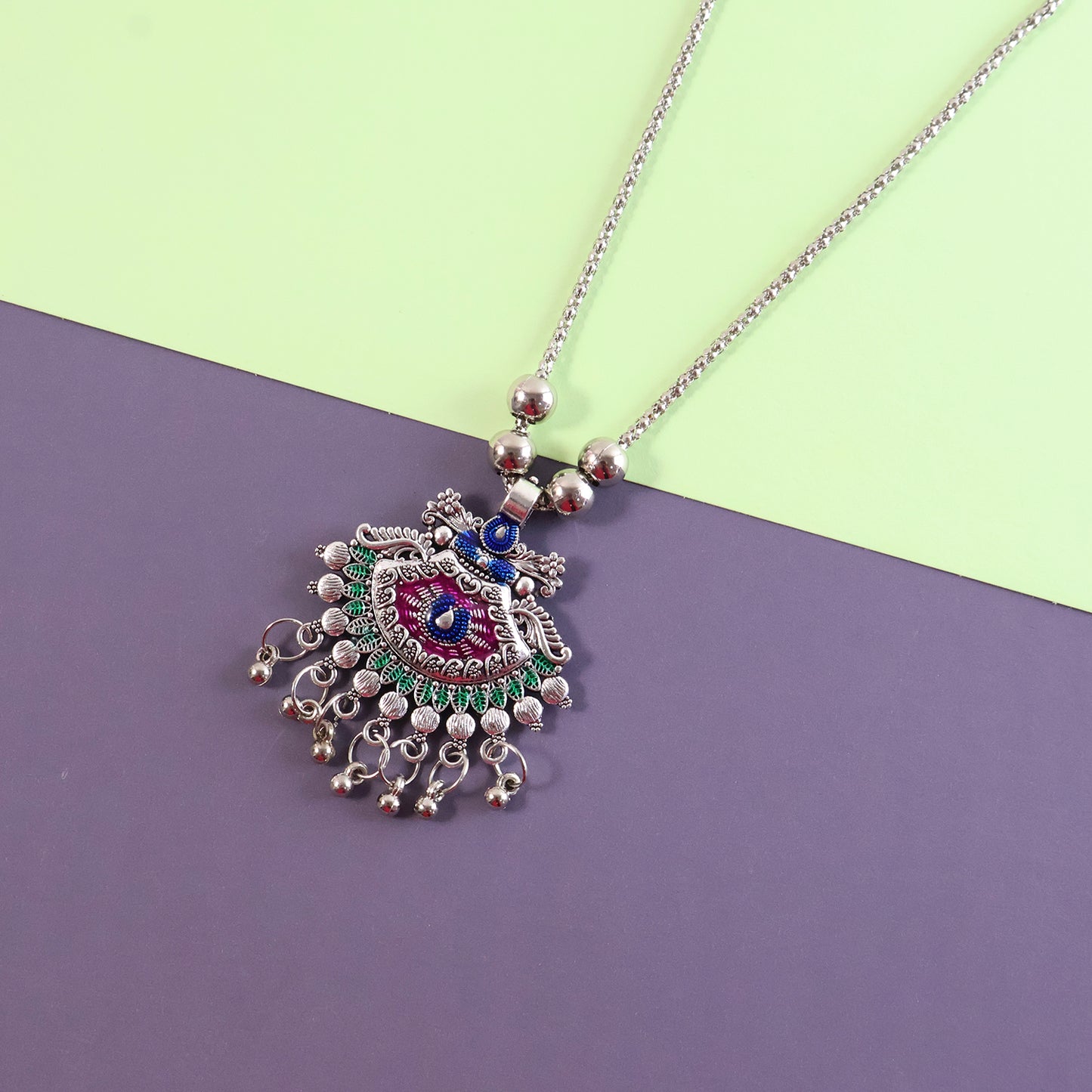 Elegant Traditional Oxidised Temple Motif Long Necklace (1 Pc)