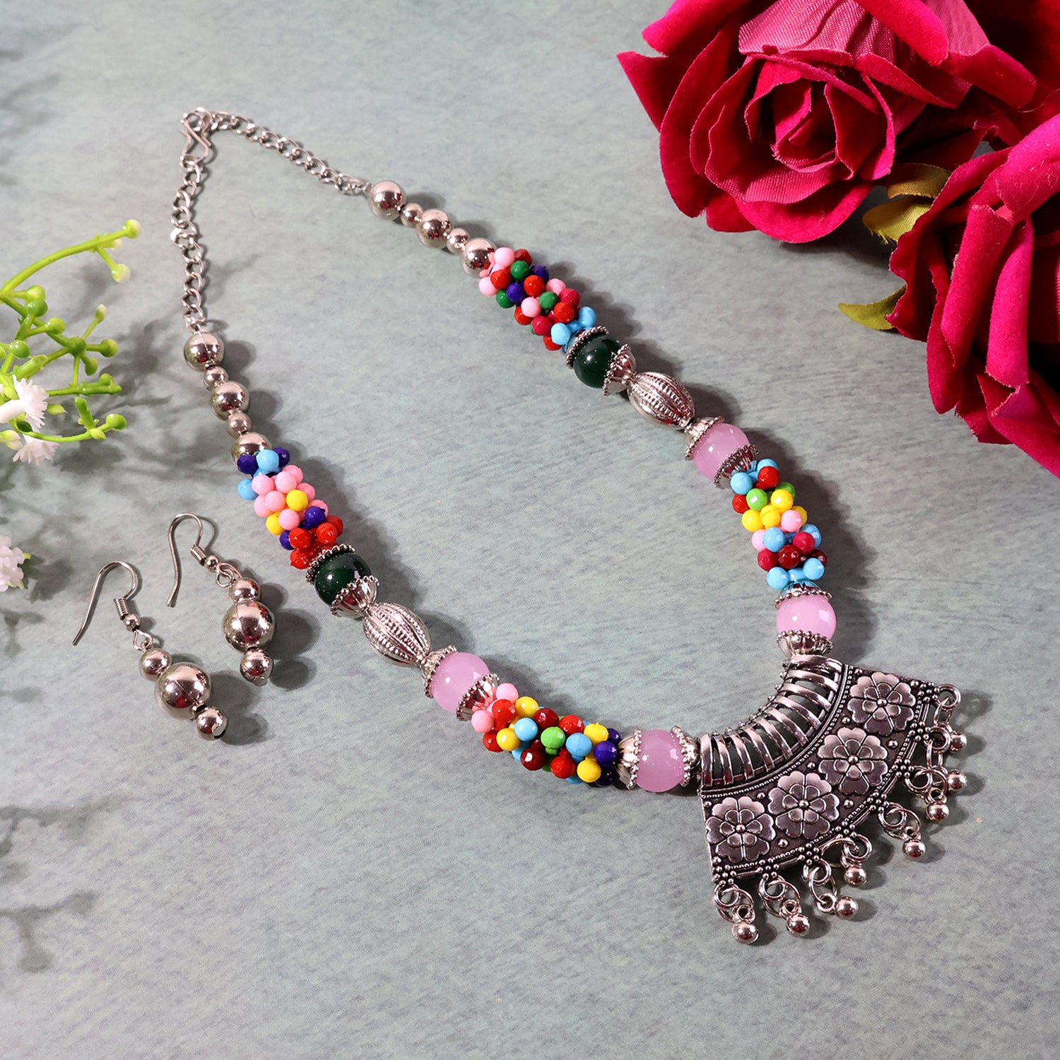 Premium Multicolor Beaded Oxidised Necklace (1 Pc Set)