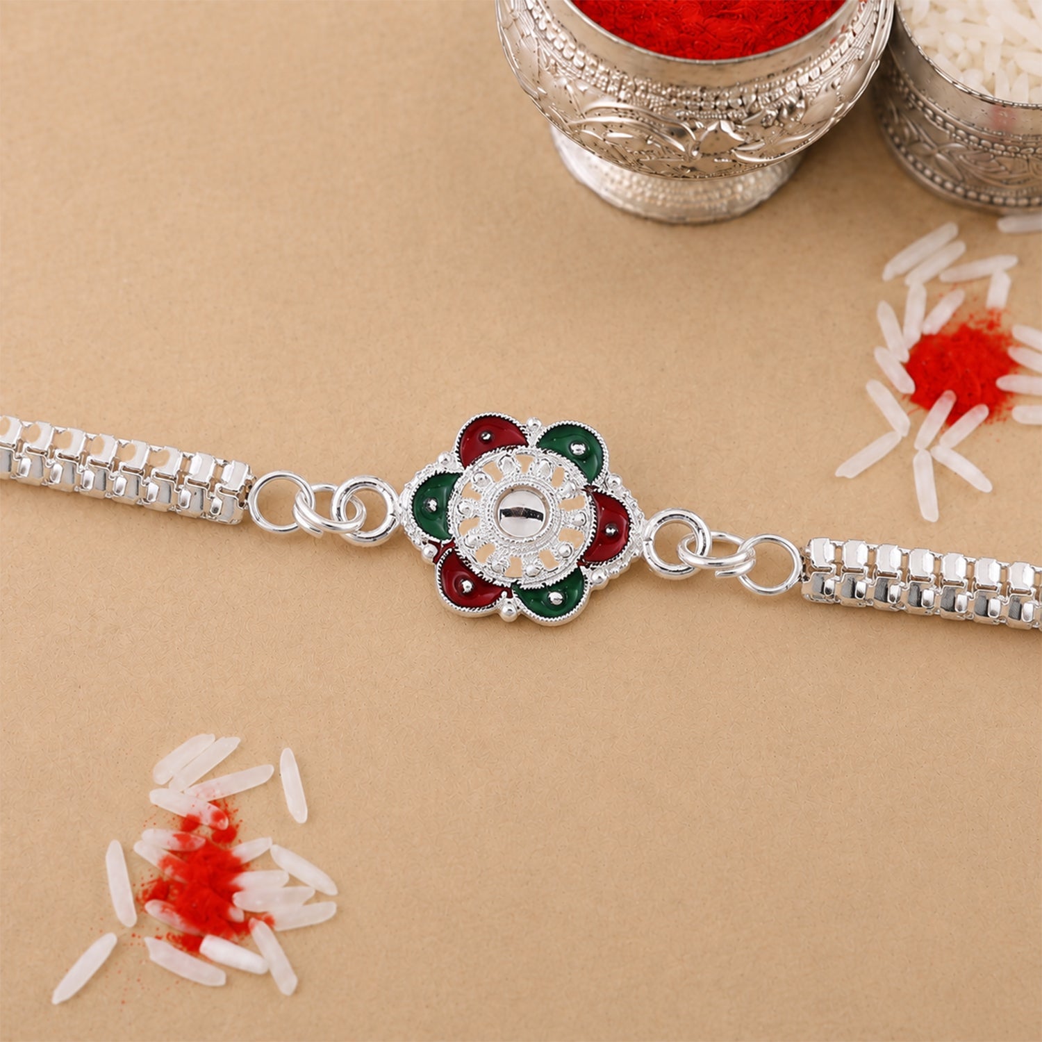 Buy Flower Rakhi for Brothers Silver Finish Mirror Stone (10pcs)