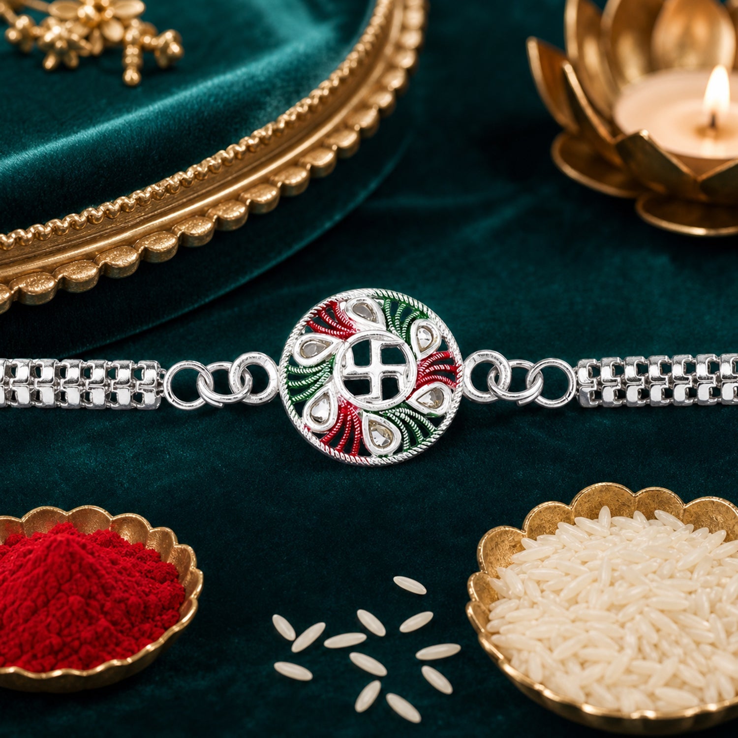 Buy Swastik Rakhi with Tricolor Enamel Silver Chain for Brother (10pcs)
