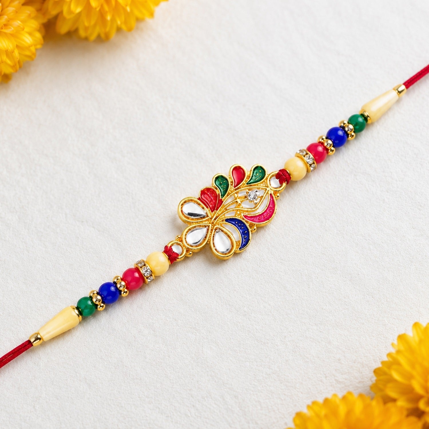Peacock Feather Rakhi Elegant Multicolor Beads for Brother (10pcs)